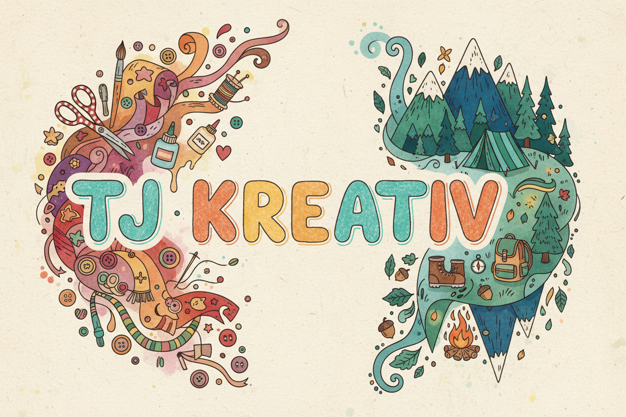 Generiere ein Bild mit dem Schriftzug TJ Kreativ Links Thema basteln rechts Thema Outdoor im kreativen Stil